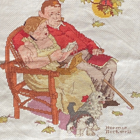 Norman Rockwell vintage cross stitch. Couple with animals on loveseat - Picture 6 of 14